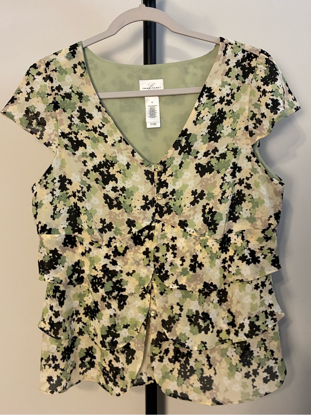 Emma James Green Floral Layered Ruffle V-Neck Blouse Size 12